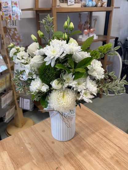white & green vase arrangement